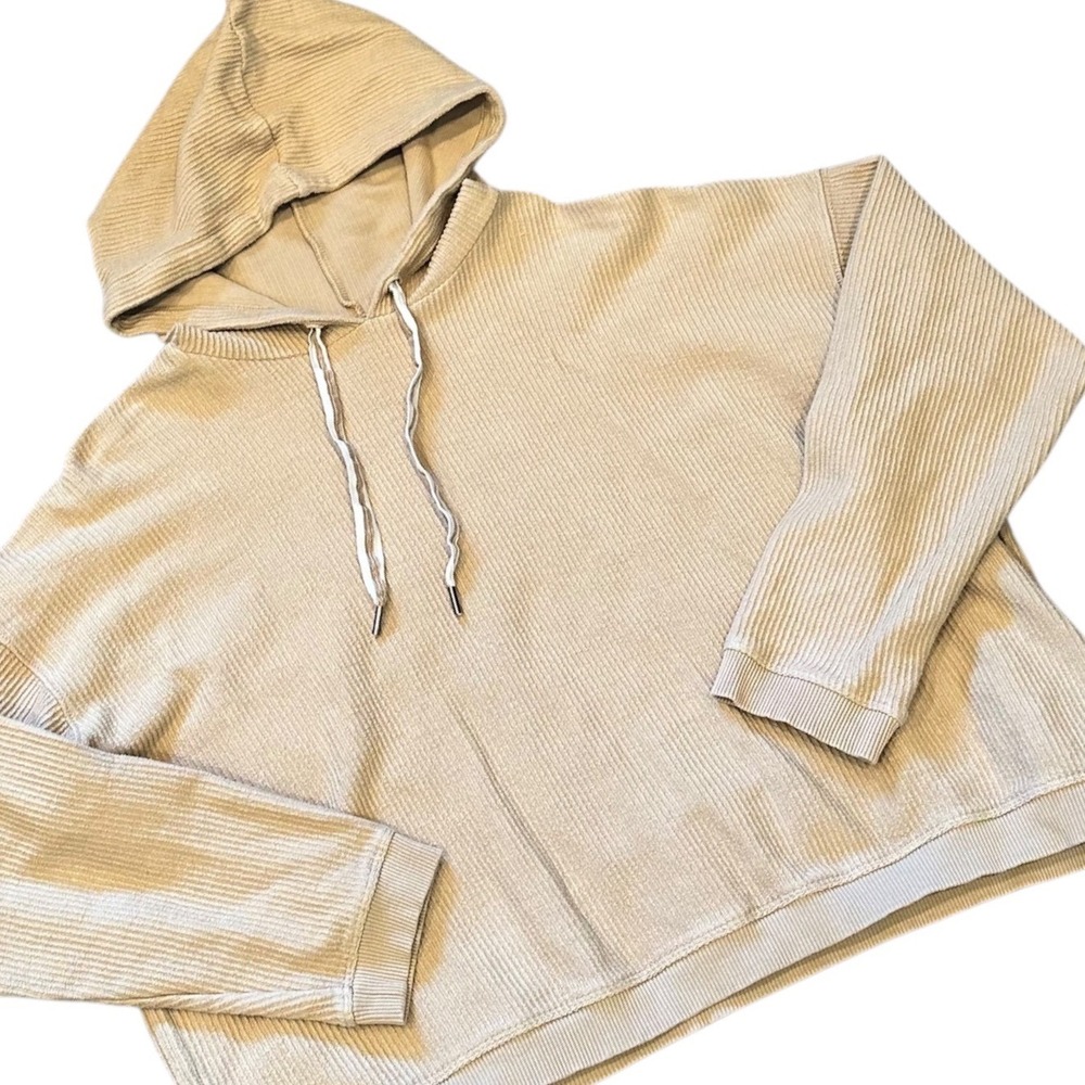 Aerie Hoodie Women XL Beige Excellent Ribbed Boxy Cinch Drawstring Pullover